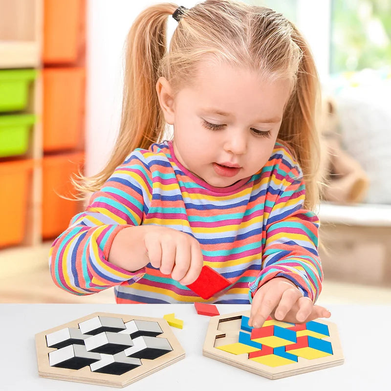 Montessori Wooden 3D Jigsaw Puzzle – Tangram Math & Shape Matching Educational Toys for Kids