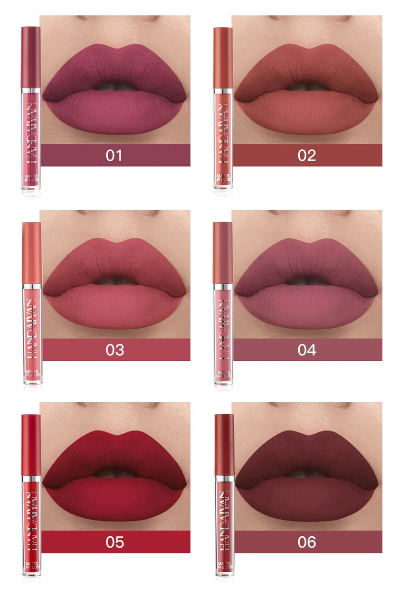 HANDAIYAN 6-Piece Liquid Velvet Matte Lip Gloss Set – Long Lasting Red & Nude Lipsticks for Women