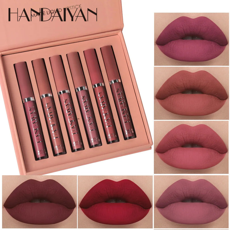 HANDAIYAN 6-Piece Liquid Velvet Matte Lip Gloss Set – Long Lasting Red & Nude Lipsticks for Women