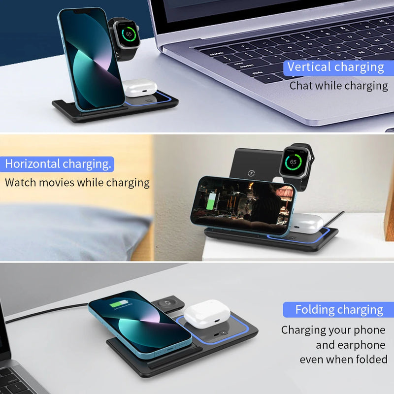 30W LED Fast Wireless Charger Stand – 3-in-1 Foldable Charging Station for iPhone, Apple Watch & AirPods