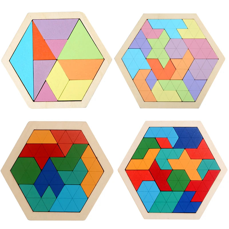 Montessori Wooden 3D Jigsaw Puzzle – Tangram Math & Shape Matching Educational Toys for Kids