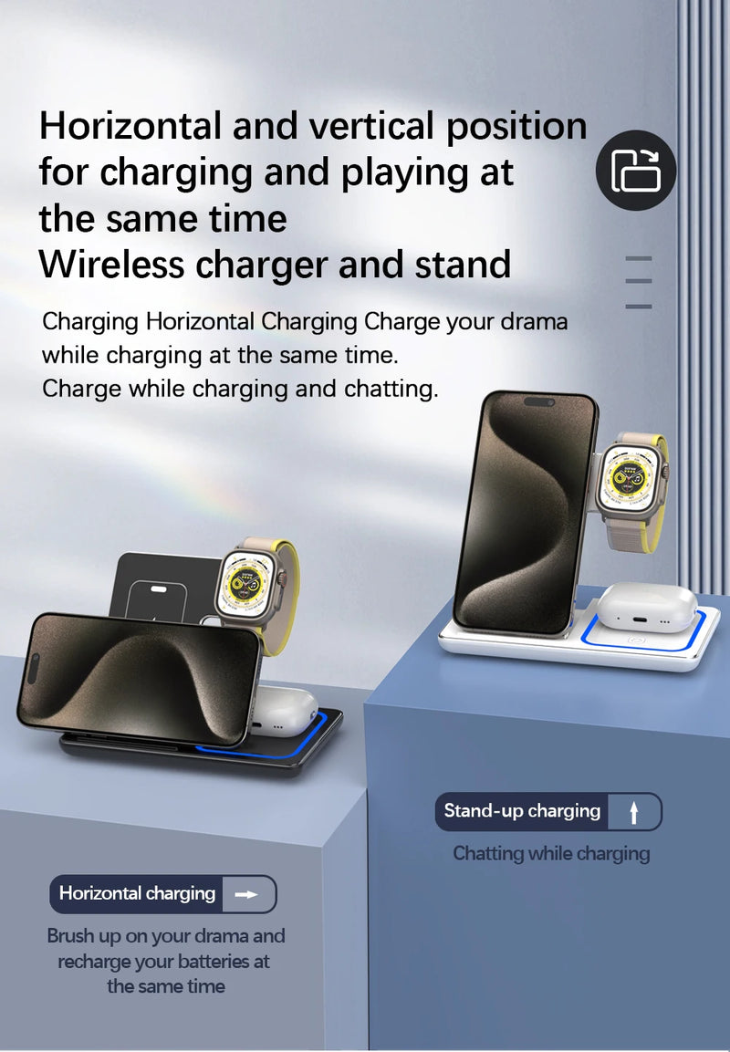 30W LED Fast Wireless Charger Stand – 3-in-1 Foldable Charging Station for iPhone, Apple Watch & AirPods